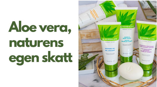 Herbalife Herbal Aloe soothing gel, body wash og body lotion står på et speil med gullkant. Bak ligger en flaske balsam på hvite håndklær i en trekasse. Tekst: "Aloe vera, naturens egen skatt"