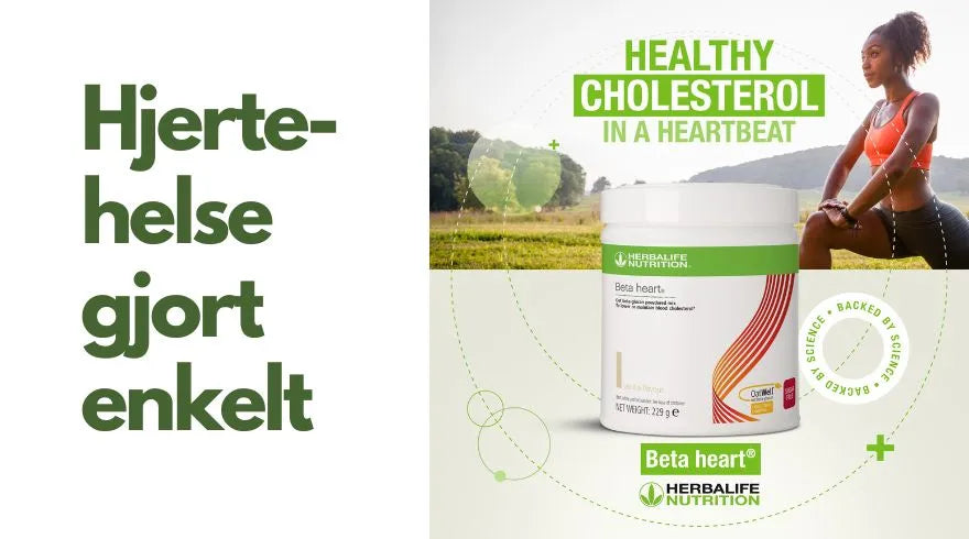 En boks Herbalife Beta Heart og teksten "Hjertehelse gjort enkelt"