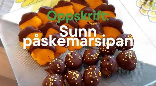 Herbalife gul påskemarsipan pyntet med sjokolade og kakestrøssel på et fat. Tekst: "Oppskrift Sunn påskemarsipan"