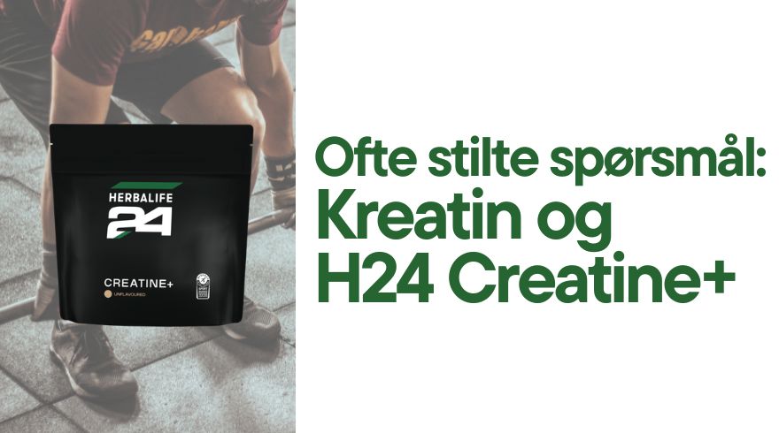 Produktbilde av Herbalife24 Creatine+ kreatin monohydrat sammen med teksten «Ofte stilte spørsmål: Kreatin og H24 Creatine+». Illustrasjonen brukes som toppbilde til blogginnlegg på Frokostshake.no.
