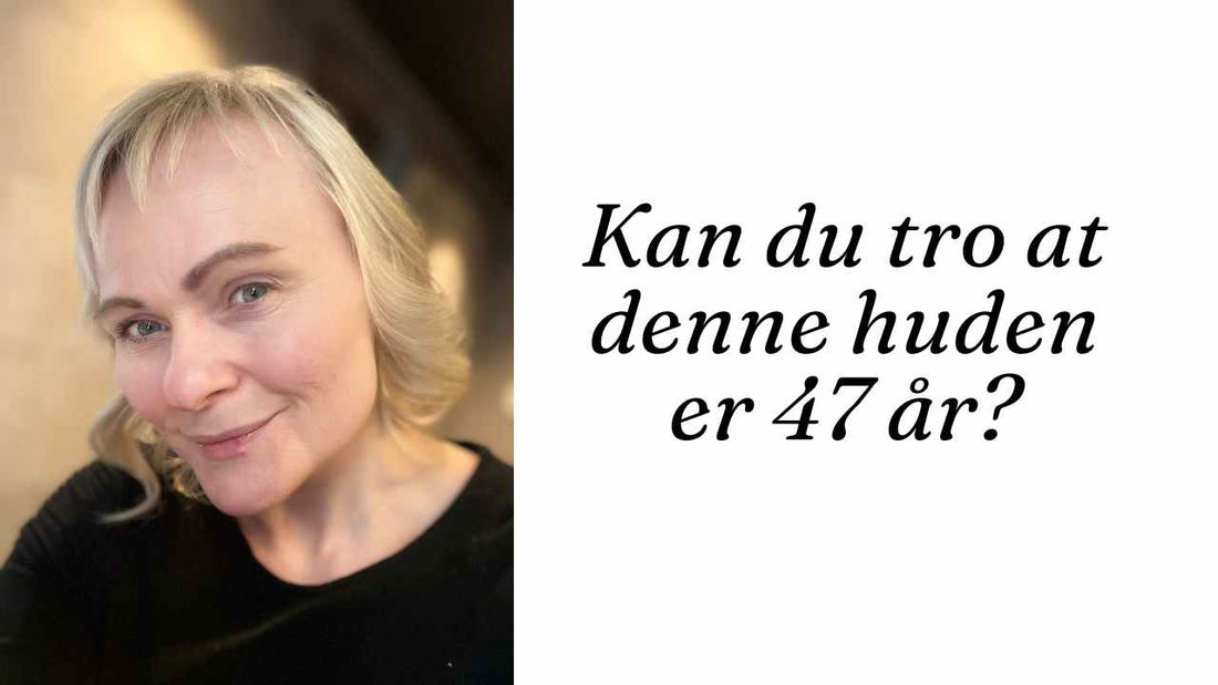 Portrettbilde av Helga Opsett og teksten "Kan du tro at denne huden er 47 år?"