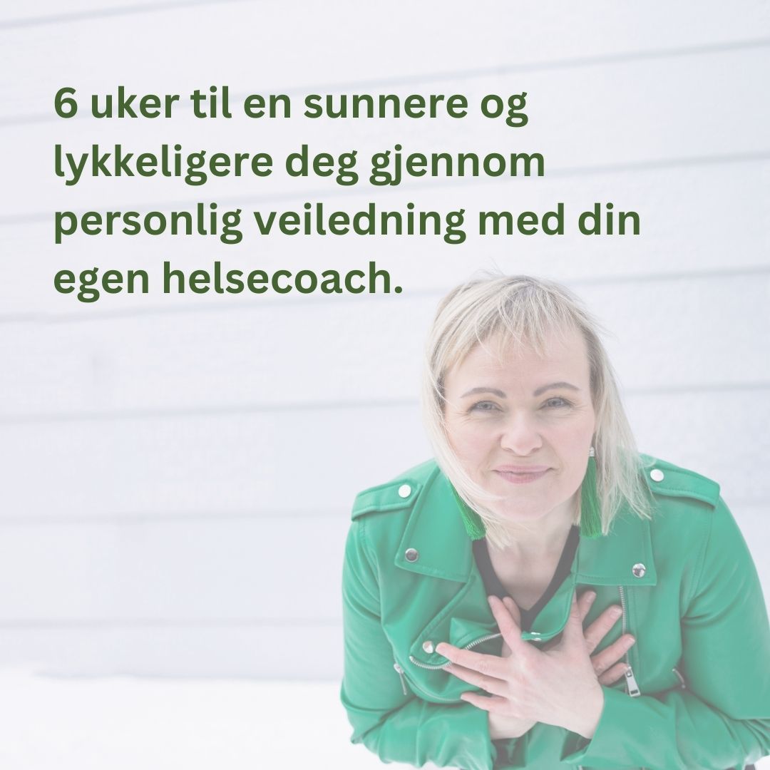 Bilde av coach Helga Opsett og teksten 6 uker til en sunnere og lykkeligere deg gjennom personlig veiledning med din egen helsecoach. 