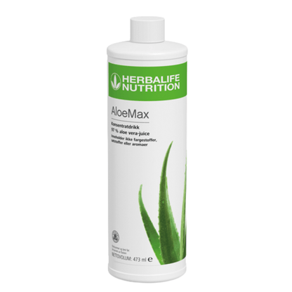 Ei flaske Herbalife Herbal Aloe AloeMax urtekonsentrat, merket 97% aloevera-juice.