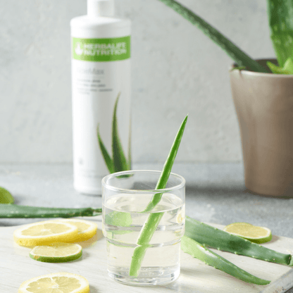 I forgrunnen et glass vann med aloevera-blad i. Aloe vera-blader og skivet sitron og lime ligger på bordet. I bakgrunnen skimtes en flaske Herbalife Herbal Aloe AloeMax urtekonsentrat aloejuice.