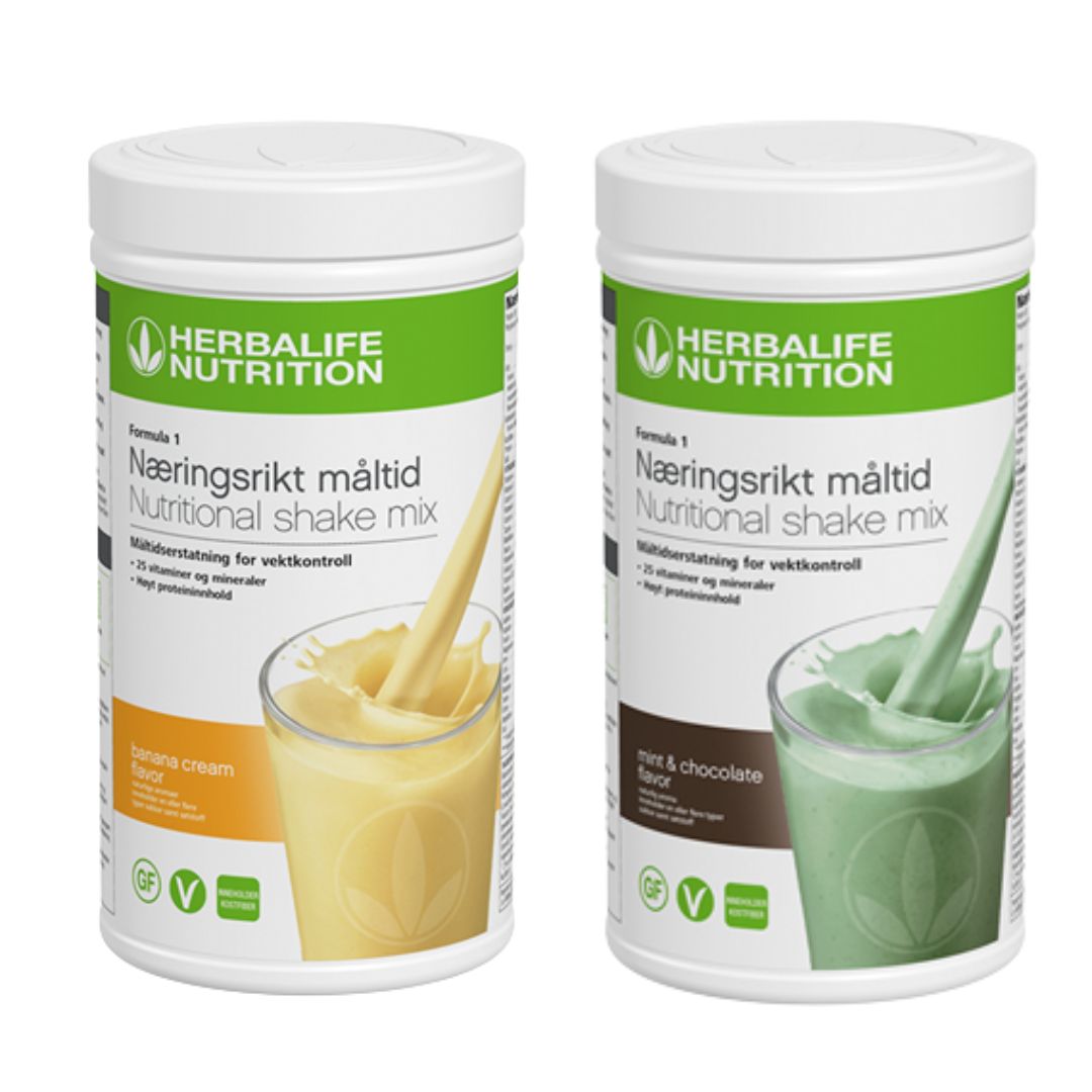 En boks Herbalife Formula 1 shakemix med banansmak og en med mintsjokolade-smak.