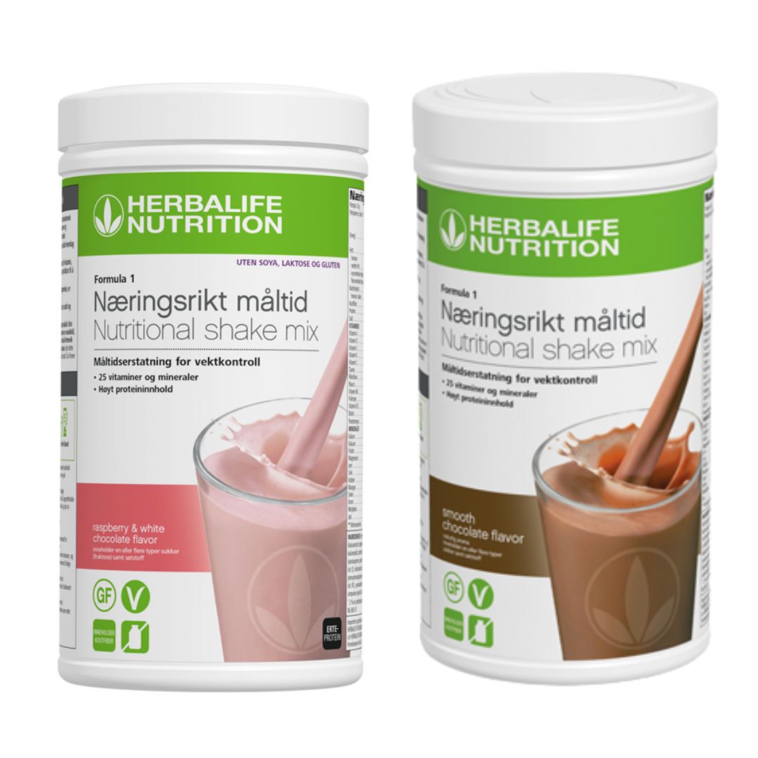 En boks Herbalife Formula 1 shakemix med bringebær og hvit sjokoladesmak og en med sjokoladesmak.