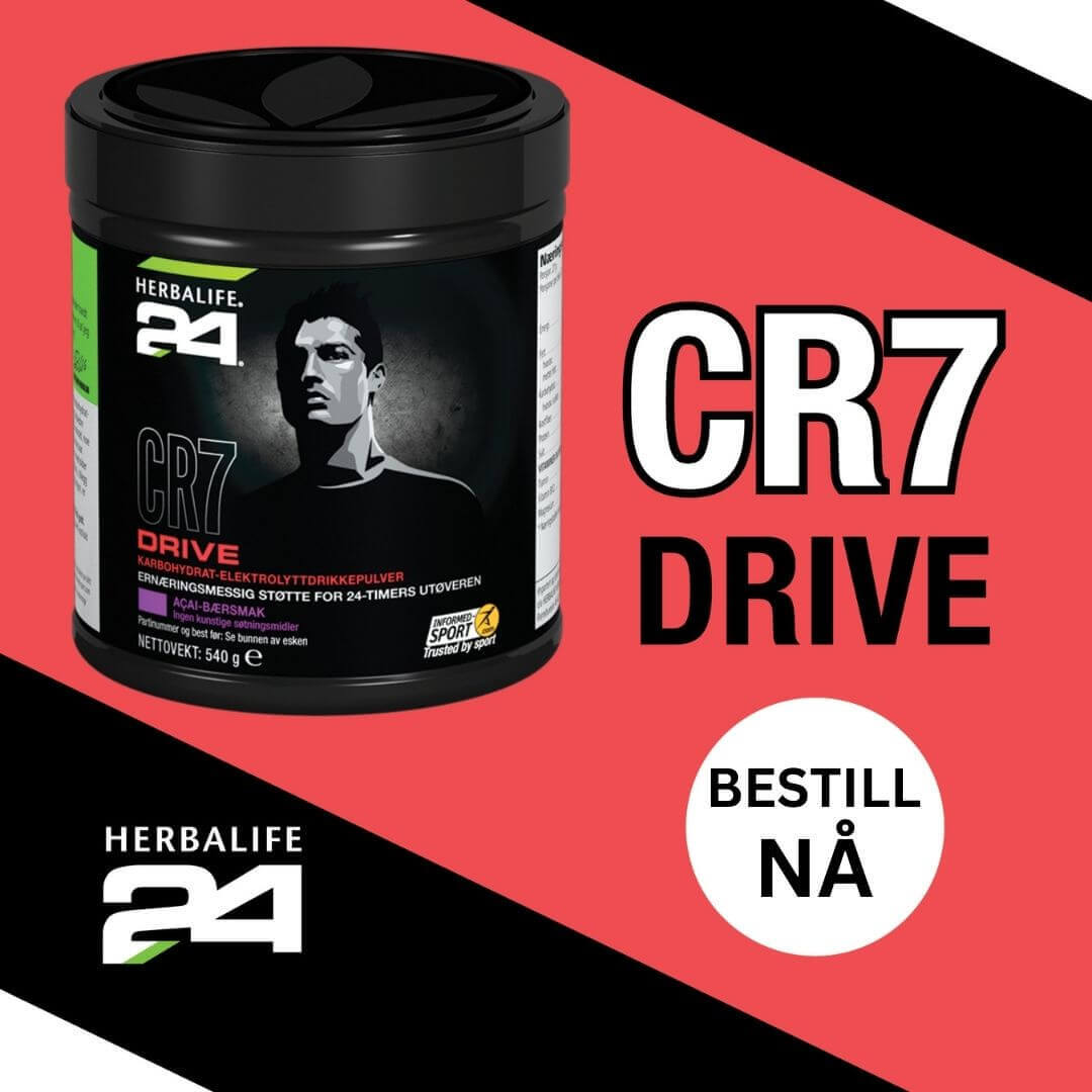 En boks Herbalife H24 CR7 Drive og teksten “Bestill nå”.