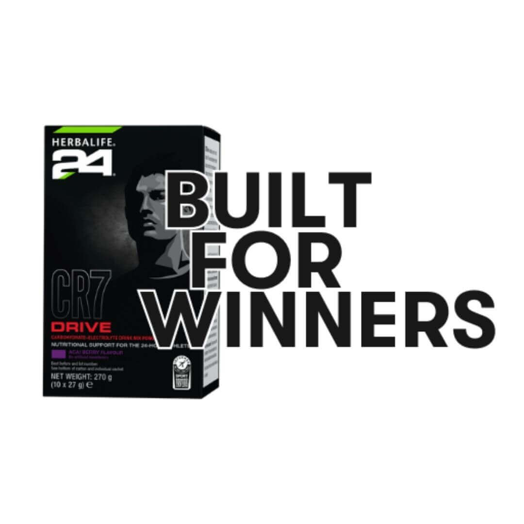 En pakke Herbalife H24 CR7 Drive porsjonsposer og teksten “Built for winners”.