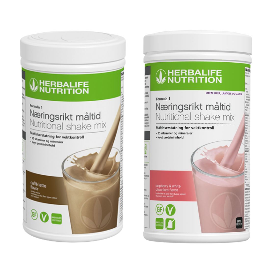 En boks Herbalife Formula 1 shakemix med caffe latte-smak og en med bringebær og hvit sjokoladesmak.