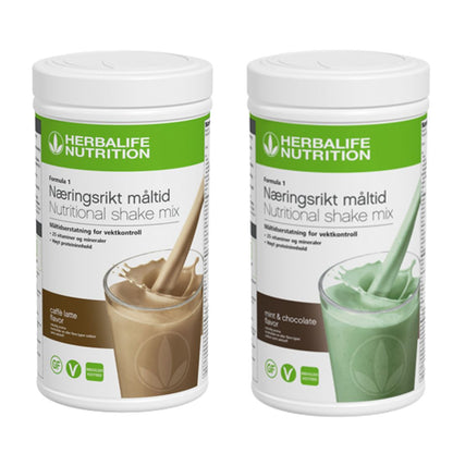 En boks Herbalife Formula 1 shakemix med caffe latte-smak og en med mintsjokolade-smak.