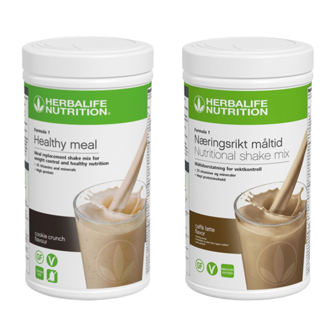 En boks Herbalife Formula 1 shakemix med cookie crunch-smak og en med caffe latte-smak.