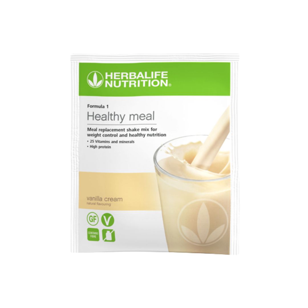 Herbalife Formula 1 shakemix vanilje-smak porsjonspose. Posen har bilde av en vaniljeshake som helles i et glass og er merket glutenfri, melkefri og vegansk. 