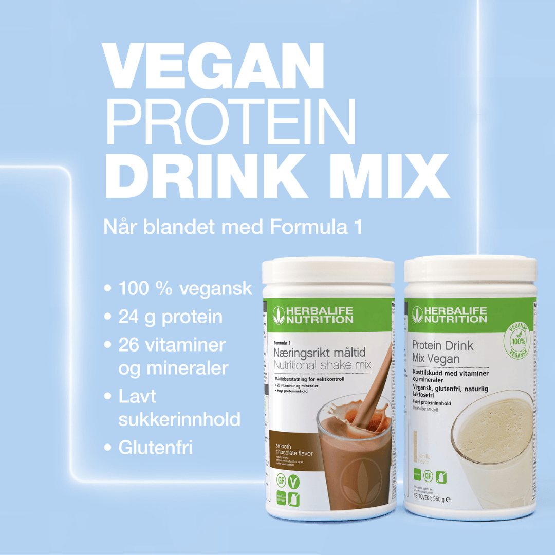 Bilde av en boks Herbalife Formula 1 shakemix sjokolade og en boks proteindrinkmiks vegan og teksten “Vegan protein drink mix, når blandet med Formula 1: 100% vegansk, 24 gram protein, 26 vitaminer og mineraler, lavt sukkerinnhold, glutenfri. 