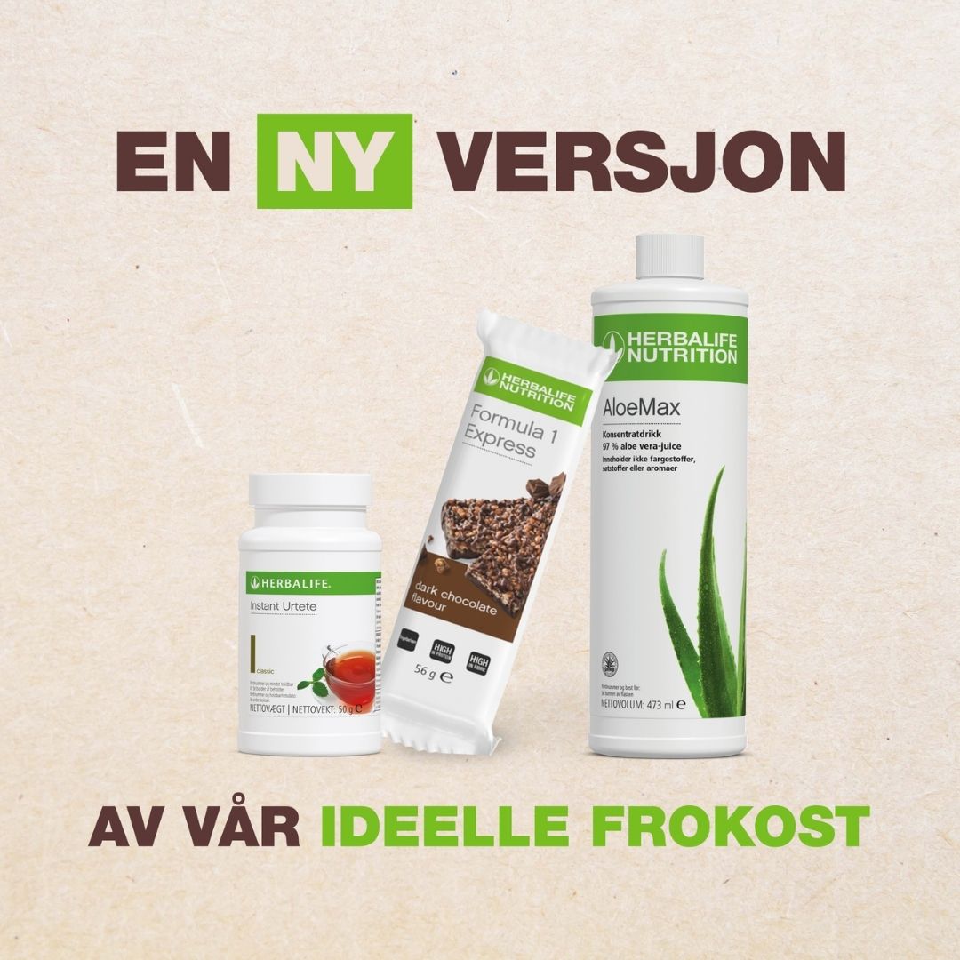 Bilde av produktene Herbalife frokostpakke med måltidsbar inneholder: Instant urtete, Formula 1 Express måltidsbar og AloeMax aloejuice. Plakaten har teksten "En ny versjon av vår ideelle frokost"