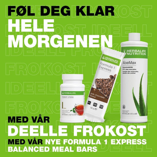 Bilde av produktene Herbalife frokostpakke med måltidsbar inneholder: Instant urtete, Express måltidsbar og AloeMax aloejuice. Plakaten har teksten "Føl deg klar hele morgenen med vår ideelle frokost med vår nye Formula 1 Express Balanced Meal Bars."