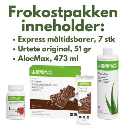 Bilde av produktene Herbalife frokostpakke med måltidsbar inneholder og teksten “Frokostpakken inneholder Express måltidsbarer 7 stykk, urtete original 51 gram, AloeMax 473 ml”