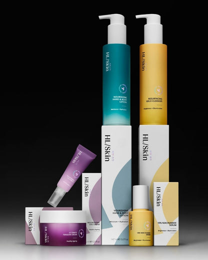 HL/Skin hudpleieserie fra Herbalife vist på mørk bakgrunn med hele produktlinjen – cleanser, serum, lotion, krem og øyekrem. Koreansk hudpleie for glød, fukt og sunn hud. På Frokostshake.no.