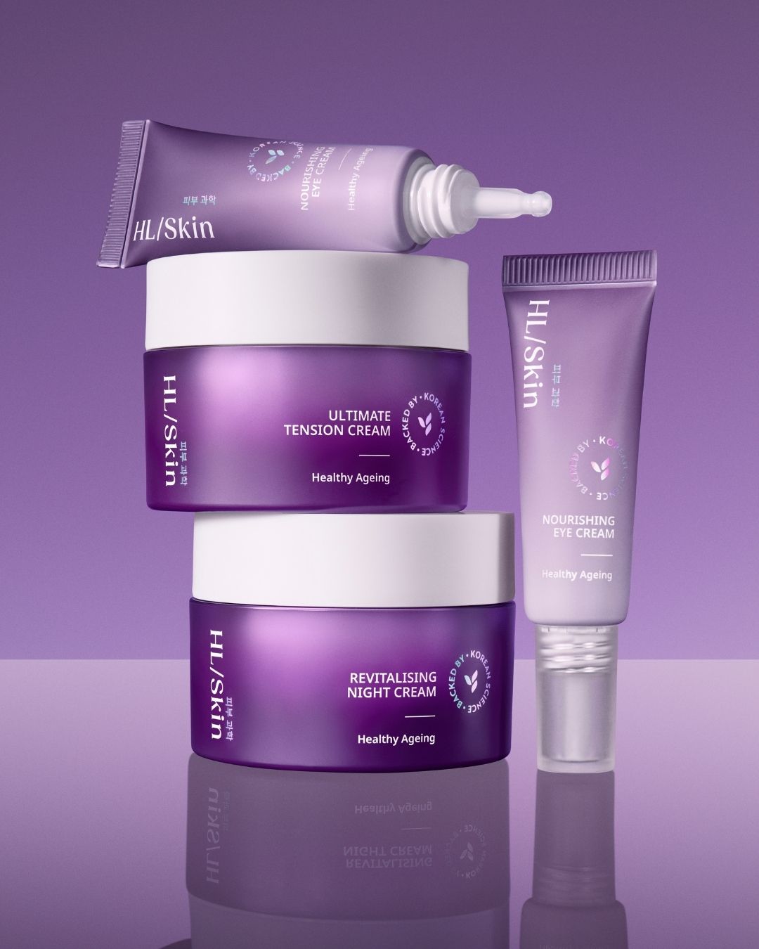 HL/Skin Ultimate Tension Cream, Revitalising Night Cream og Nourishing Eye Cream fra Herbalife vist på lilla bakgrunn. Koreansk hudpleie for fukt, glød og sunn aldring.