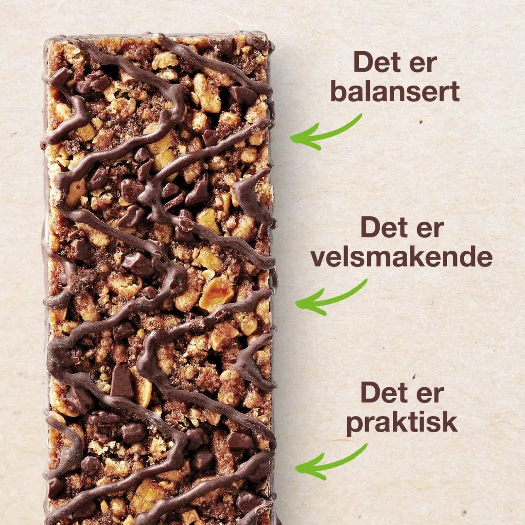 En uinnpakket Herbalife Formula 1 Expressbar mørk sjokolade ligger på et bord. På bildet står tekstene “Det er balansert”, “Det er velsmakende” og “Det er praktisk” med piler som peker mot mellombaren.