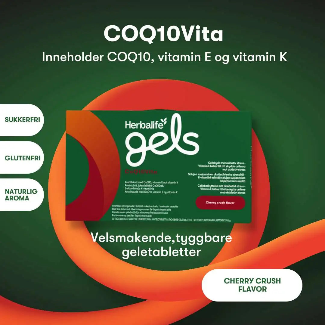 En informasjonsplakat om Herbalife Gels CoQ10Vita kosttilskudd på grønn og orange bakgrunn. Tekst: COQ10Vita inneholder koq10, vitamin E og vitamin K. Sukkerfri, glutenfri, naturlig aroma. Velsmakende, tyggbare geletabletter. Cherry crush flavor. 