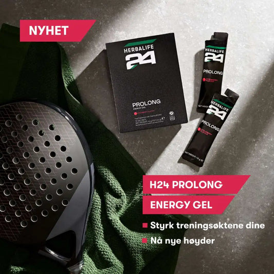 En pakke Herbalife H24 Prolong Energy Gel sammen med sportstøy. Tekst: Nyhet. H24 Prolong energy gel. Styrk treningsøktene dine. Nå nye høyder.