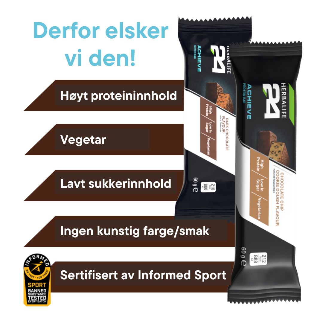 Infografikk med Herbalife H24 Achieve Protein bar - viser nøkkelfordeler som høyt proteininnhold, vegetarisk, lavt sukkerinnhold, ingen kunstig farge og smak samt Informed Sport-sertifisering.