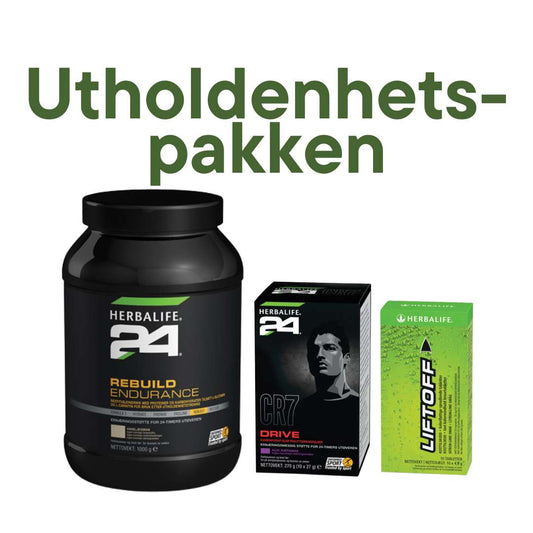Overskrift: Utholdenhetspakken. Bilde av produktene Herbalife H24 Rebuild Endurance restitusjonsshake, C7 Drive sportsdrikk og LiftOff energidrikk.