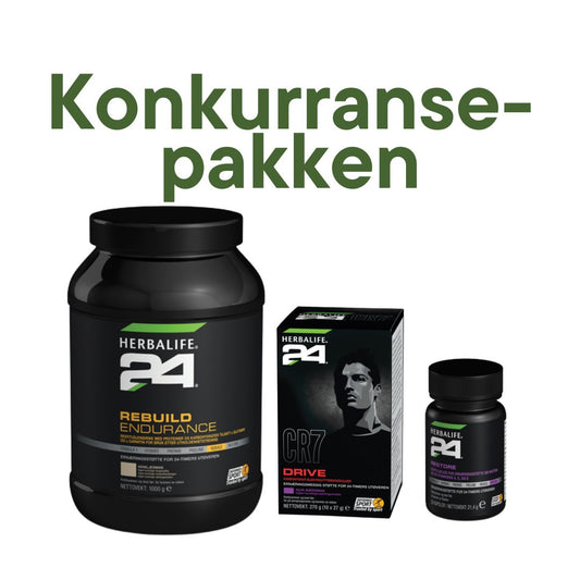 Tekst Konkurransepakken og bilde av en boks av hver av Herbalife-produktene Rebuild Endurance, CR7 Drive og Restore.