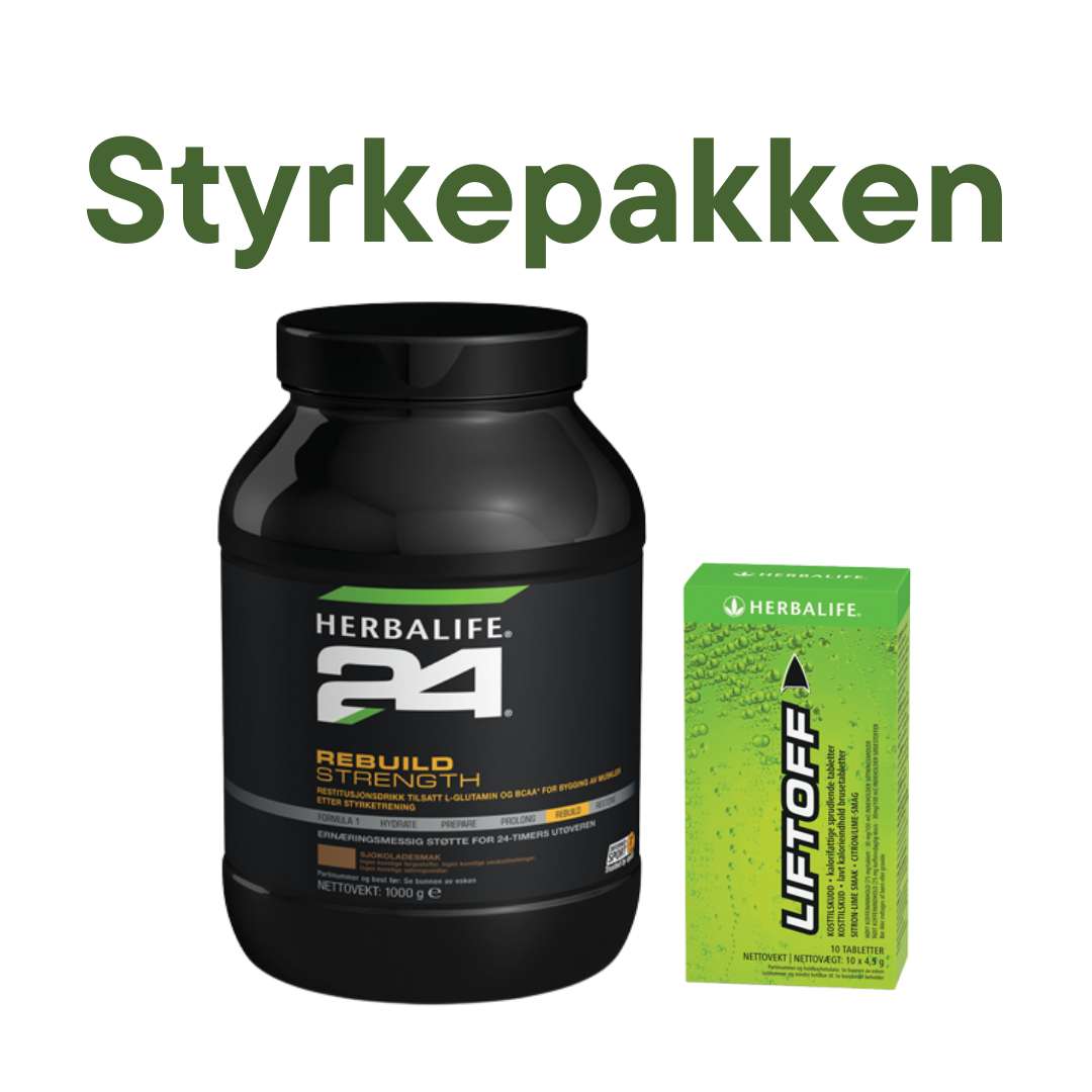 Overskrift: Styrkepakken. Bilde av en boks Herbalife24 Rebuild Strength proteinshake for restitusjon og en pakke Herbalife LiftOff energidrikk.