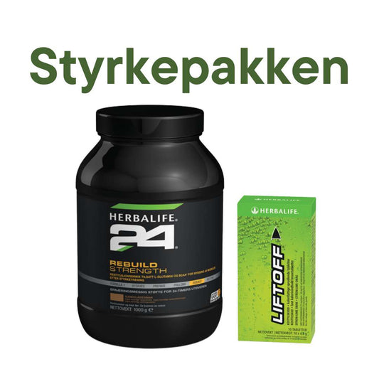Overskrift: Styrkepakken. Bilde av en boks Herbalife24 Rebuild Strength proteinshake for restitusjon og en pakke Herbalife LiftOff energidrikk.