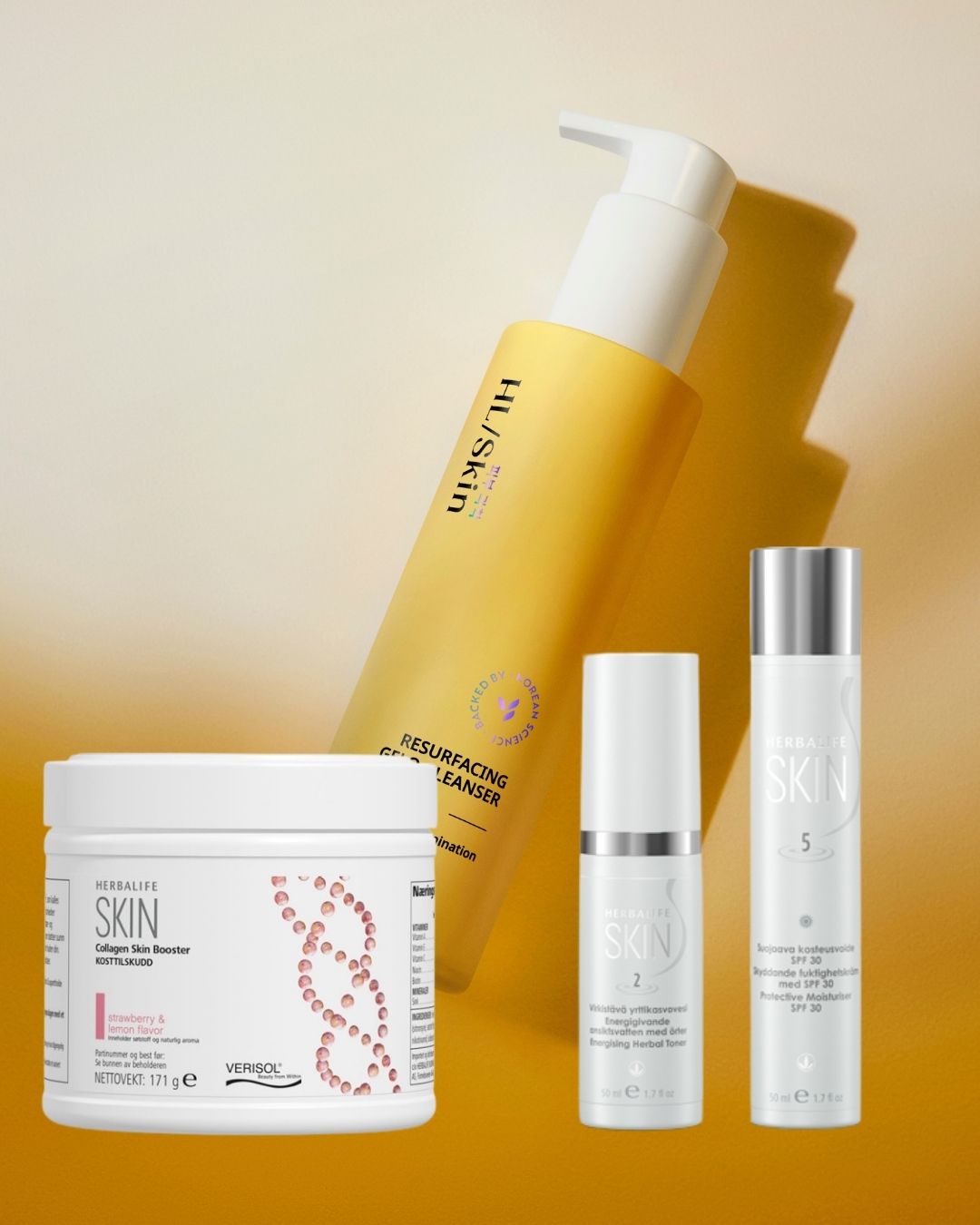 HL/Skin hudpleiepakke med cleanser, toner, dagkrem SPF30 og kollagen - komplett hudpleie fra Herbalife