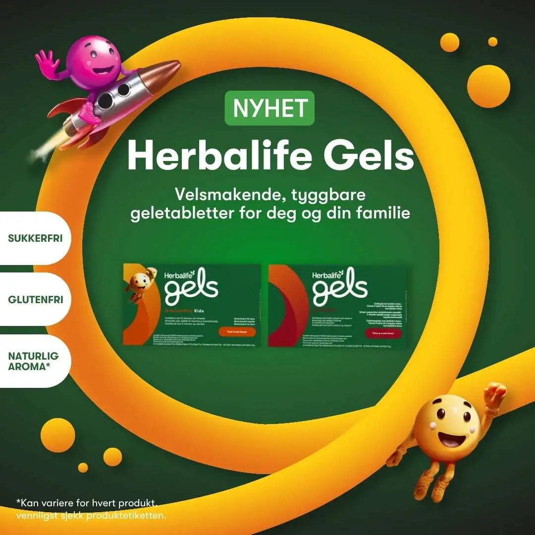 En informasjonsplakat om Herbalife Gels NutrientVita Kids multivitamin og CoQ10Vita tyggetabletter. Tekst: NYHET. Velsmakende, tyggbare geletabletter for deg og din familie. Sukkerfri. Glutenfri. 