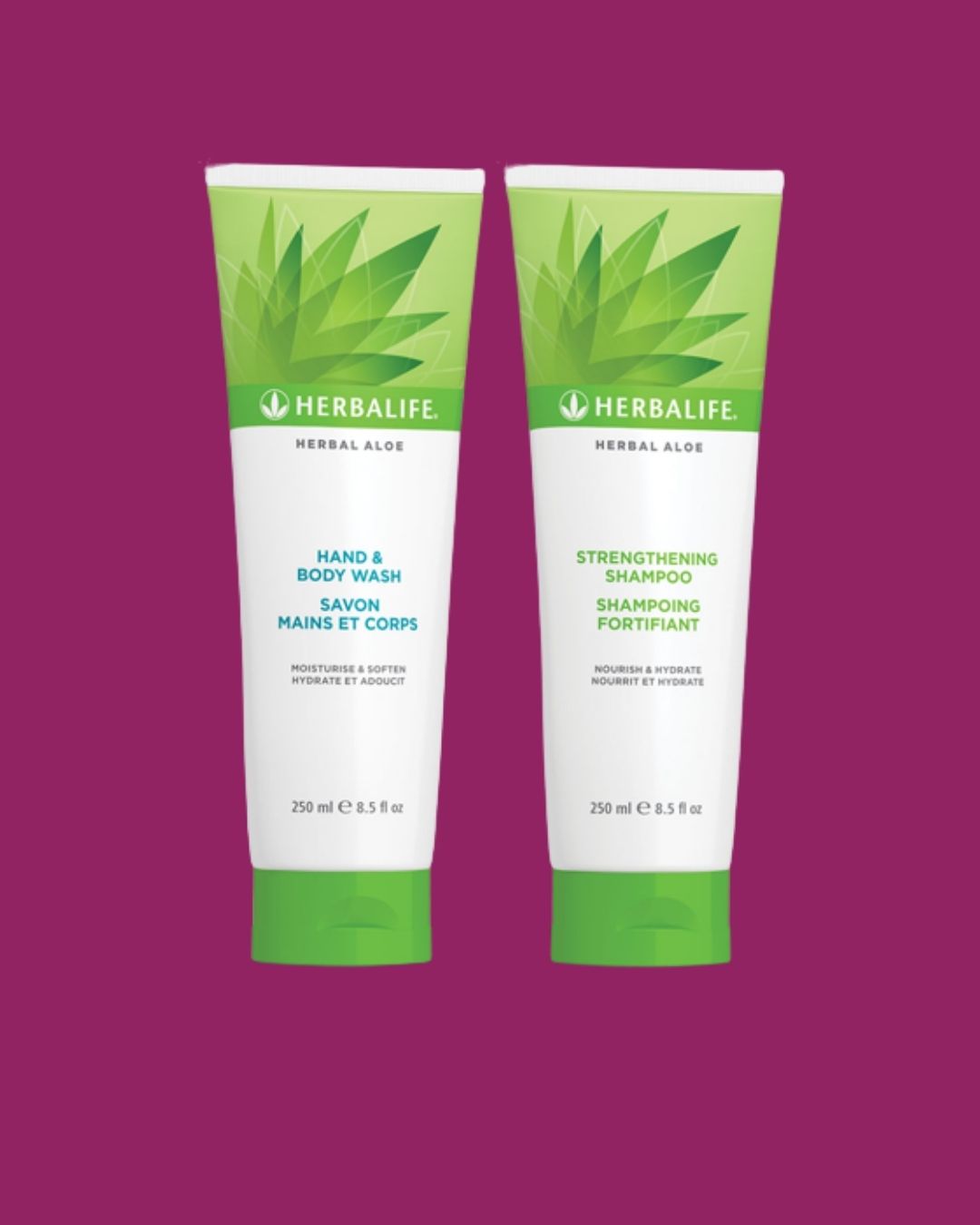 En tube Herbalife Herbal Aloe Strengthening Shampoo og Hand & Body Wash på lilla bakgrunn.