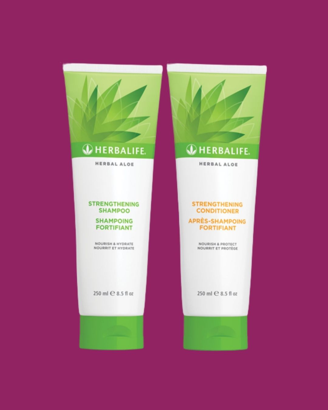En tube Herbalife Herbal Aloe Strengthening Shampoo og Strengthening Conditioner på lillabakgrunn.
