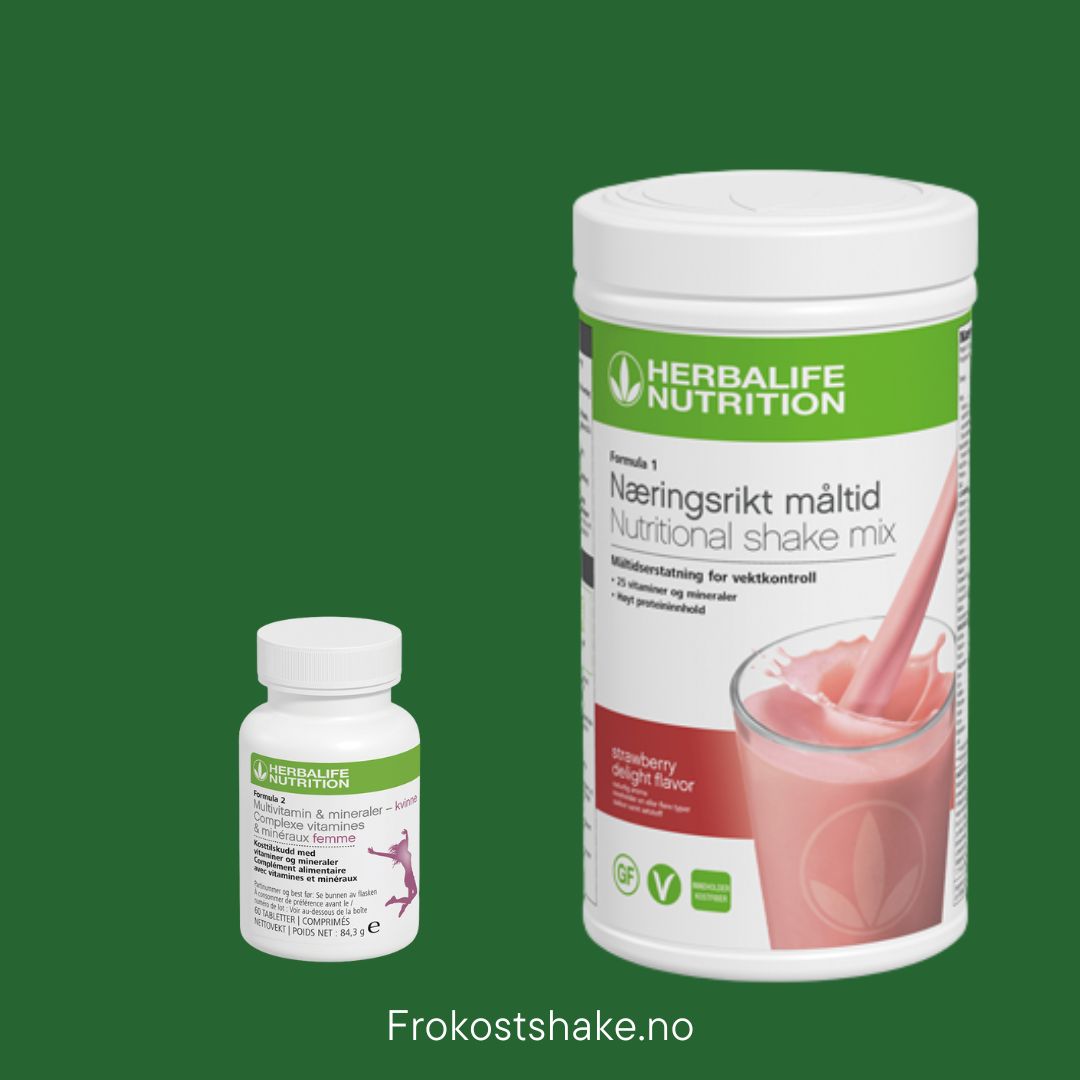 Herbalife-shake og multivitamin på grønn bakgrunn - Formula 1 jordbær og Multivitamin for kvinner. Frokostshake.no