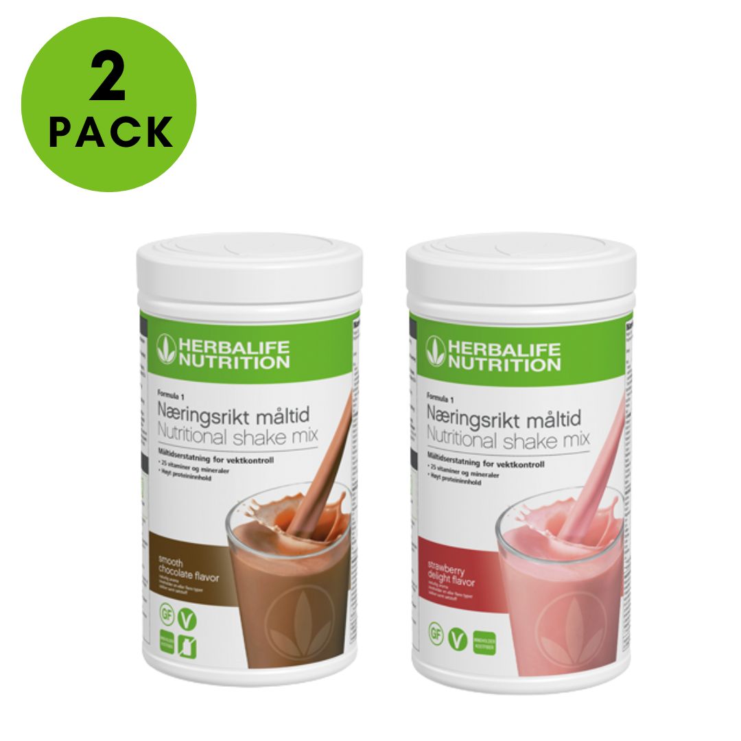 En boks Herbalife Formula 1 shakemix med sjokoladesmak og en med jordbærsmak. Tekst: 2-pack.