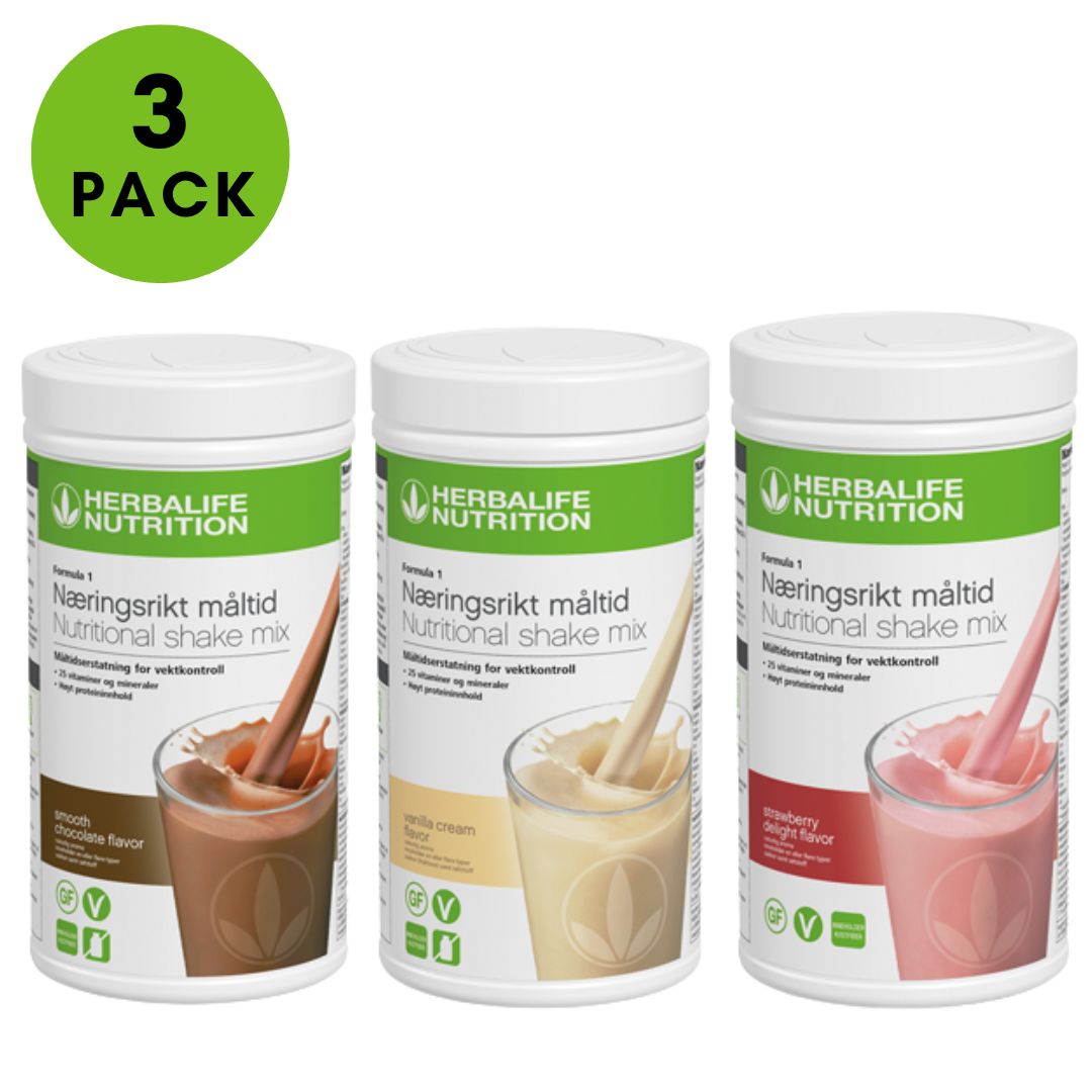 Tre bokser Herbalife Formula 1 shakemix, med sjokolade, vanilje og jordbær. Tekst: 3-pack.