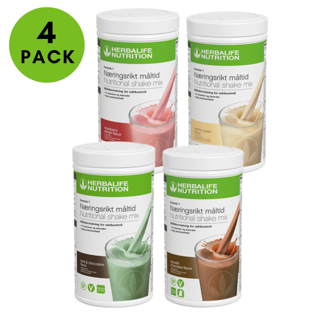 Fire bokser Herbalife Formula 1 shakemix, med sjokolade, vanilje, jordbær og mintsjokolade. Tekst: 4-pack.