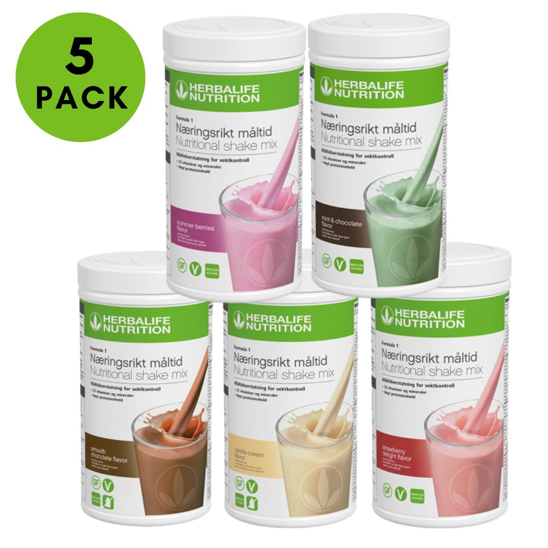 Fem bokser Herbalife Formula 1 shakemix, med sjokolade, vanilje, jordbær, mintsjokolade og summer berries. Tekst: 5-pack.