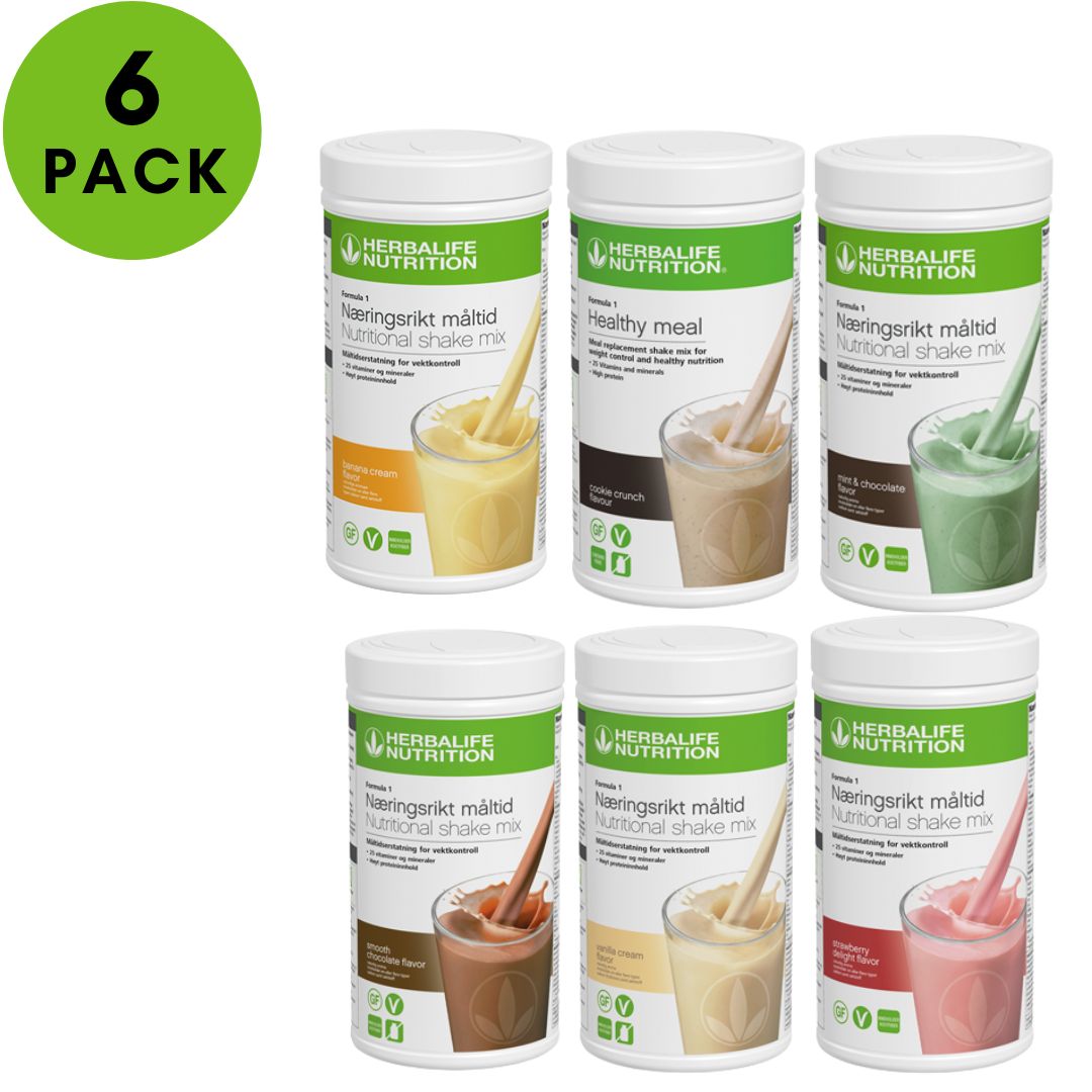 Seks bokser Herbalife Formula 1 shakemix, med sjokolade, vanilje, jordbær, mintsjokolade, banan og cookie crunch. Tekst: 6-pack.