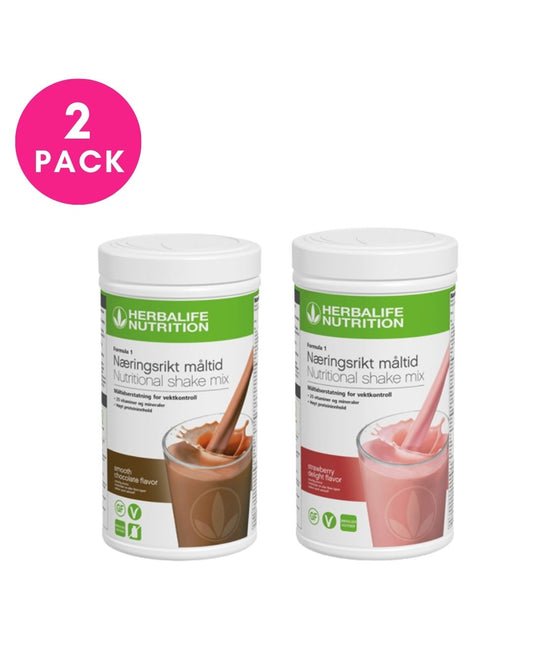 Tobokser Herbalife Formula 1 shakemix, med sjokolade, jordbær. Tekst: 2-pack.
