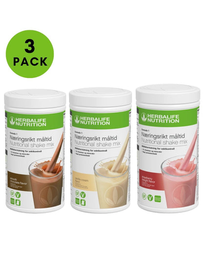 Tre bokser Herbalife Formula 1 shakemix, med sjokolade, vanilje og jordbær. Tekst: 3-pack.