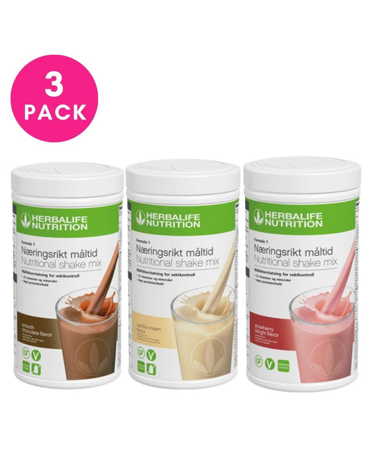 Trebokser Herbalife Formula 1 shakemix, med sjokolade, vanilje, jordbær. Tekst: 3-pack.