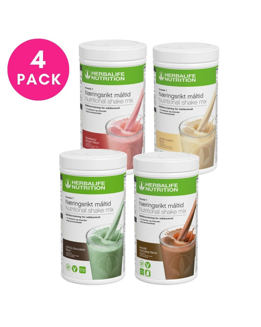 Fire bokser Herbalife Formula 1 shakemix, med sjokolade, vanilje, jordbær og mintsjokolade. Tekst: 4-pack.