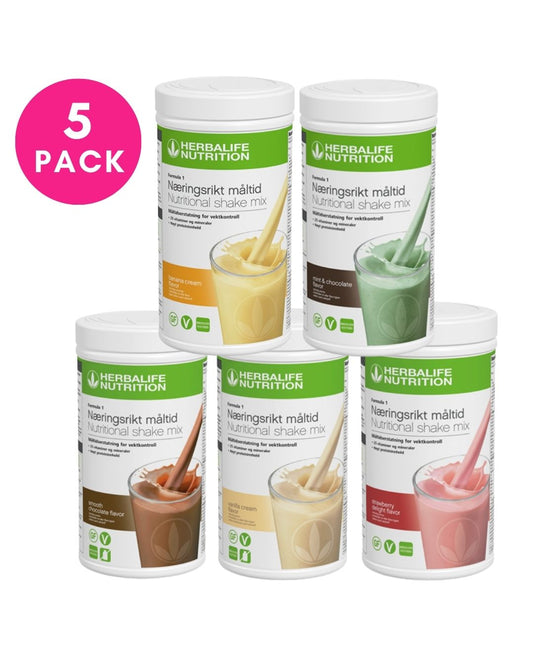 Fem bokser Herbalife Formula 1 shakemix, med sjokolade, vanilje, jordbær, mintsjokolade og banan. Tekst: 5-pack.