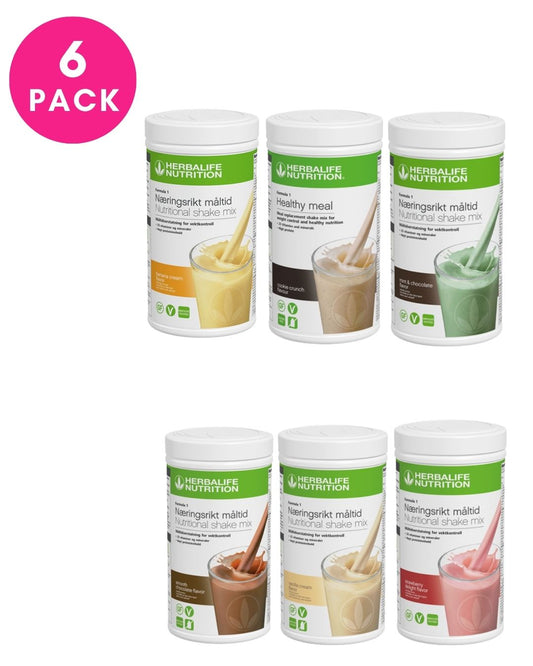 Seks bokser Herbalife Formula 1 shakemix, med sjokolade, vanilje, jordbær, mintsjokolade, banan og cookie crunch. Tekst: 6-pack.