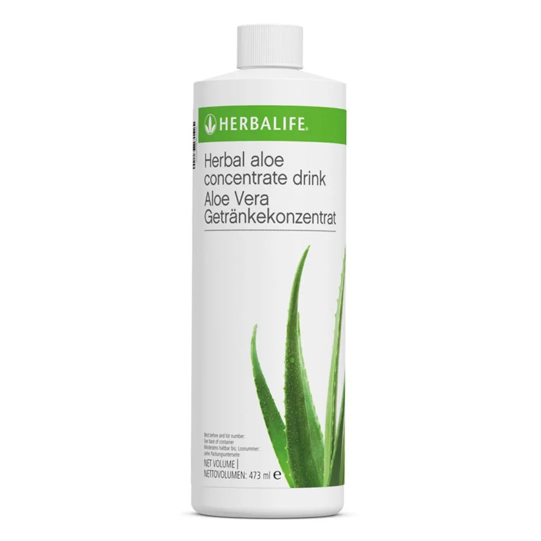 En flaske Herbalife Herbal Aloe vera urtekonsentrat aloeverajuice original.