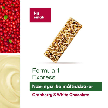 En uinnpakket Herbalife Expressbar Tranebær og hvit sjokolade står oppreist på skrå og på bildet står teksten “Ny smak. Formula 1 Express Næringsrike måltidsbarer Cranberry & White Chocolate.”