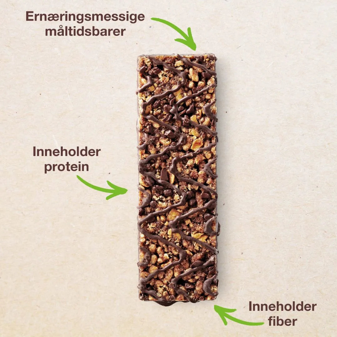 En uinnpakket Herbalife Formula 1 Expressbar mørk sjokolade ligger på et bord. På bildet står tekstene “Ernæringsmessige måltidsbarer”, “Inneholder protein” og “Inneholder fiber” med piler som peker mot mellombaren.