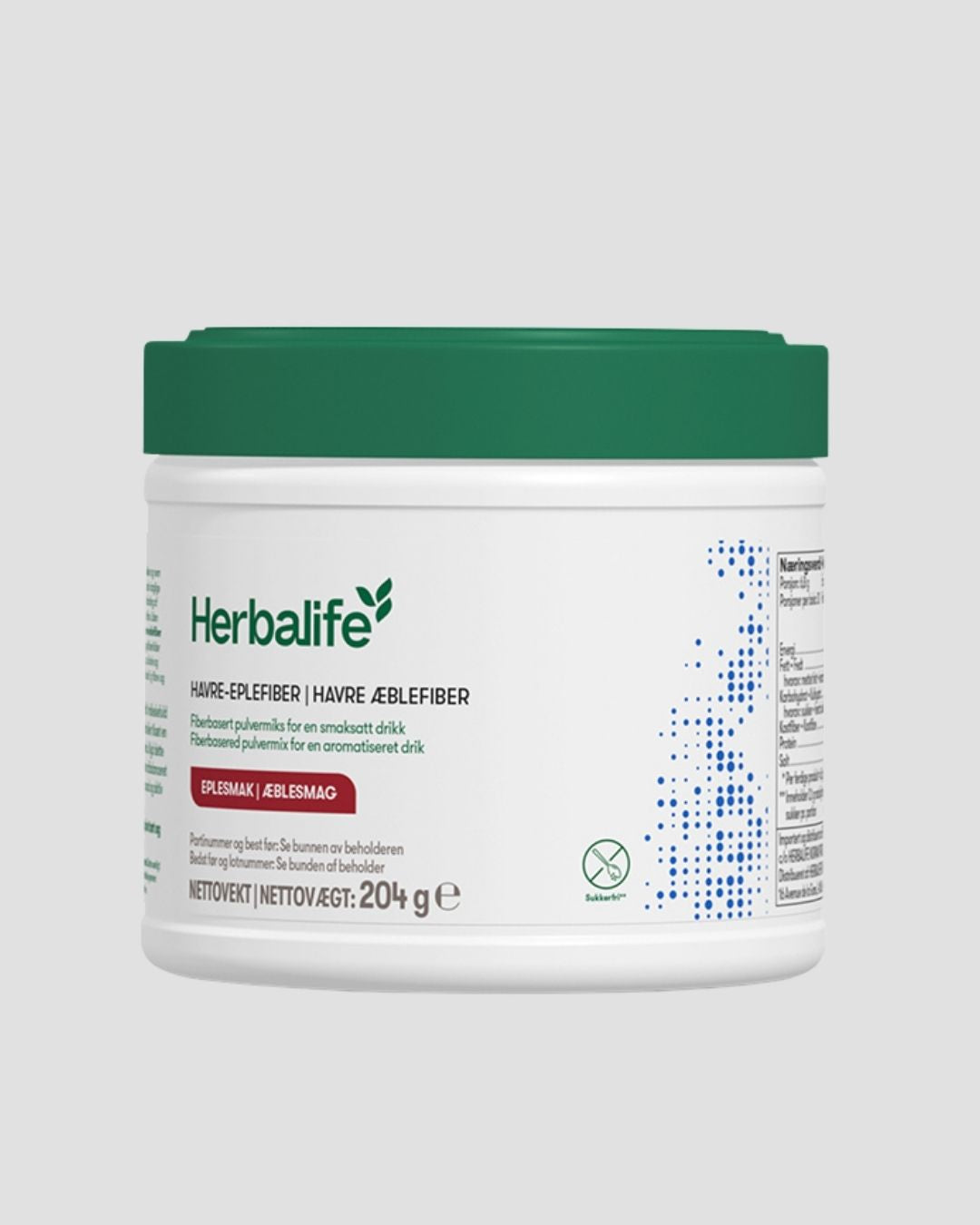 En boks Herbalife Havre-eplefiberdrikk kosttilskudd med fiber og eplesmak på grå bakgrunn.